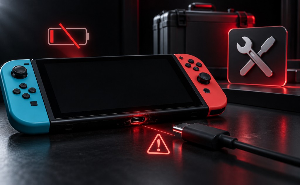 Nintendo Switch sin encender junto a cable USB-C y símbolo de servicio técnico.
