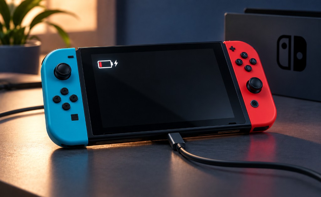 Nintendo Switch con pantalla negra, indicador de batería baja y cable de carga conectado.