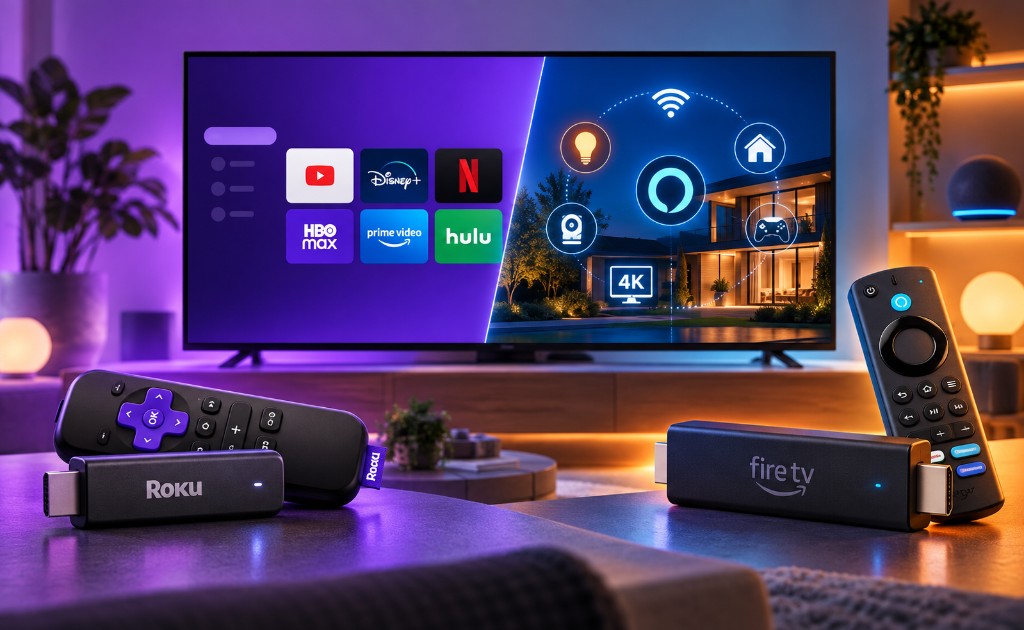 Comparativa visual de Roku y Fire TV en una sala con streaming y funciones inteligentes.