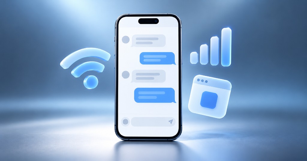 Celular con símbolos de Wi-Fi, datos móviles y app para diagnosticar problemas de conexión en Telegram.