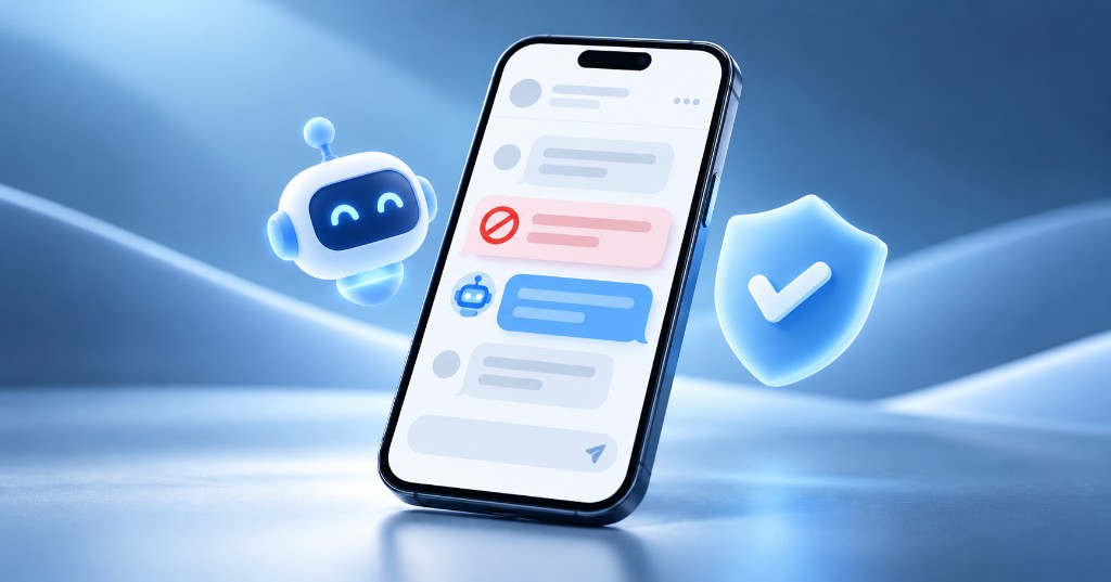 Celular con bot de soporte y aviso de restricción para revisar una cuenta limitada por spam en Telegram.