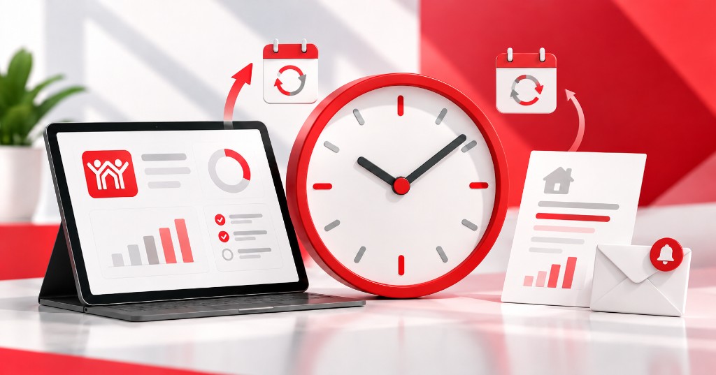 Reloj rojo junto a una pantalla de Infonavit, calendarios y documentos que representan la actualizaci&oacute;n peri&oacute;dica del estado de cuenta.