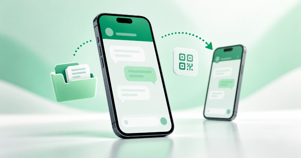 Transferencia de conversaciones de WhatsApp entre dos celulares mediante código QR, con archivos locales de respaldo.
