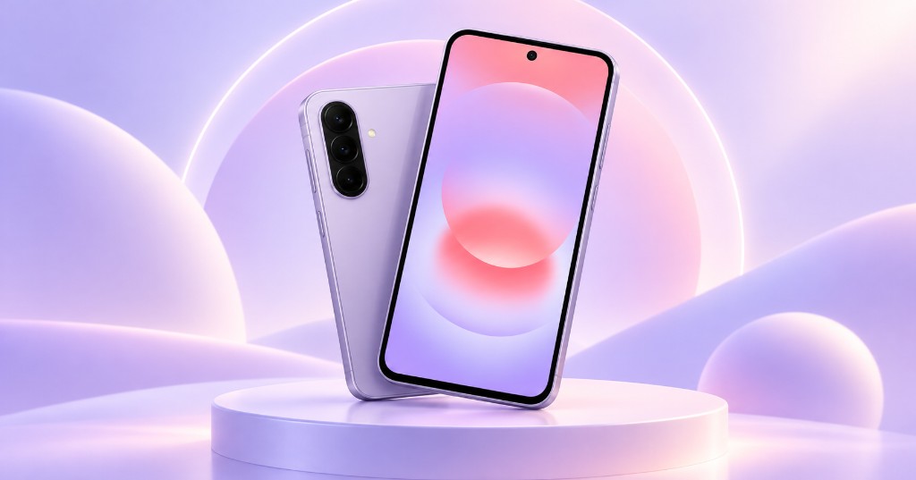Samsung Galaxy A37 5G en color lavanda, con vistas frontal y trasera sobre una plataforma circular y fondo de tonos pastel.