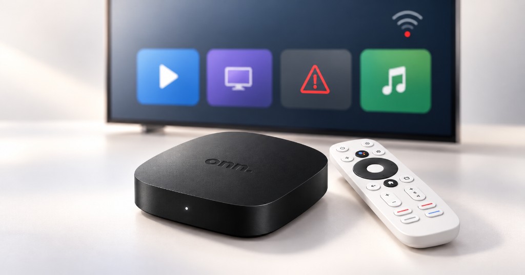 TV Box Onn con control remoto frente a una televisi&oacute;n que muestra un error de aplicaci&oacute;n y problemas de conexi&oacute;n Wi-Fi.
