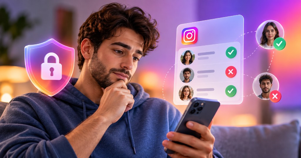 Hombre revisando sus seguidores en Instagram desde su celular, con opciones visuales para aceptar, eliminar y proteger la privacidad de su cuenta.