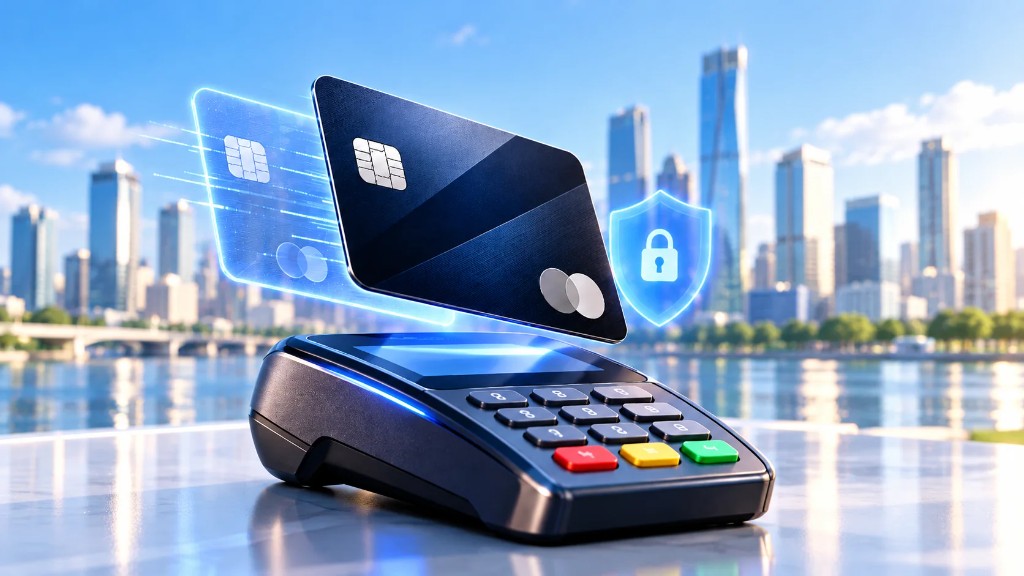 Tarjeta bancaria con duplicado holográfico sobre una terminal de pago, acompañada de un escudo de seguridad y una ciudad moderna de día.