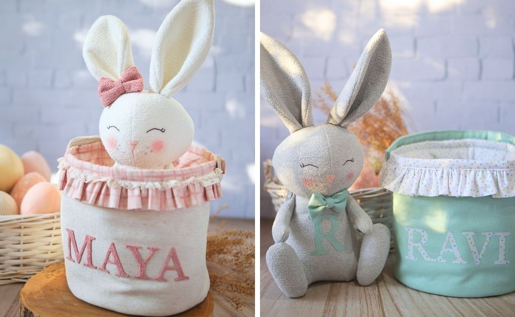 coelhinha de pano dentro do cesto com o nome da crian&ccedil;a MAYA e coelho de tecido ao lado do cesto escrito RAVI