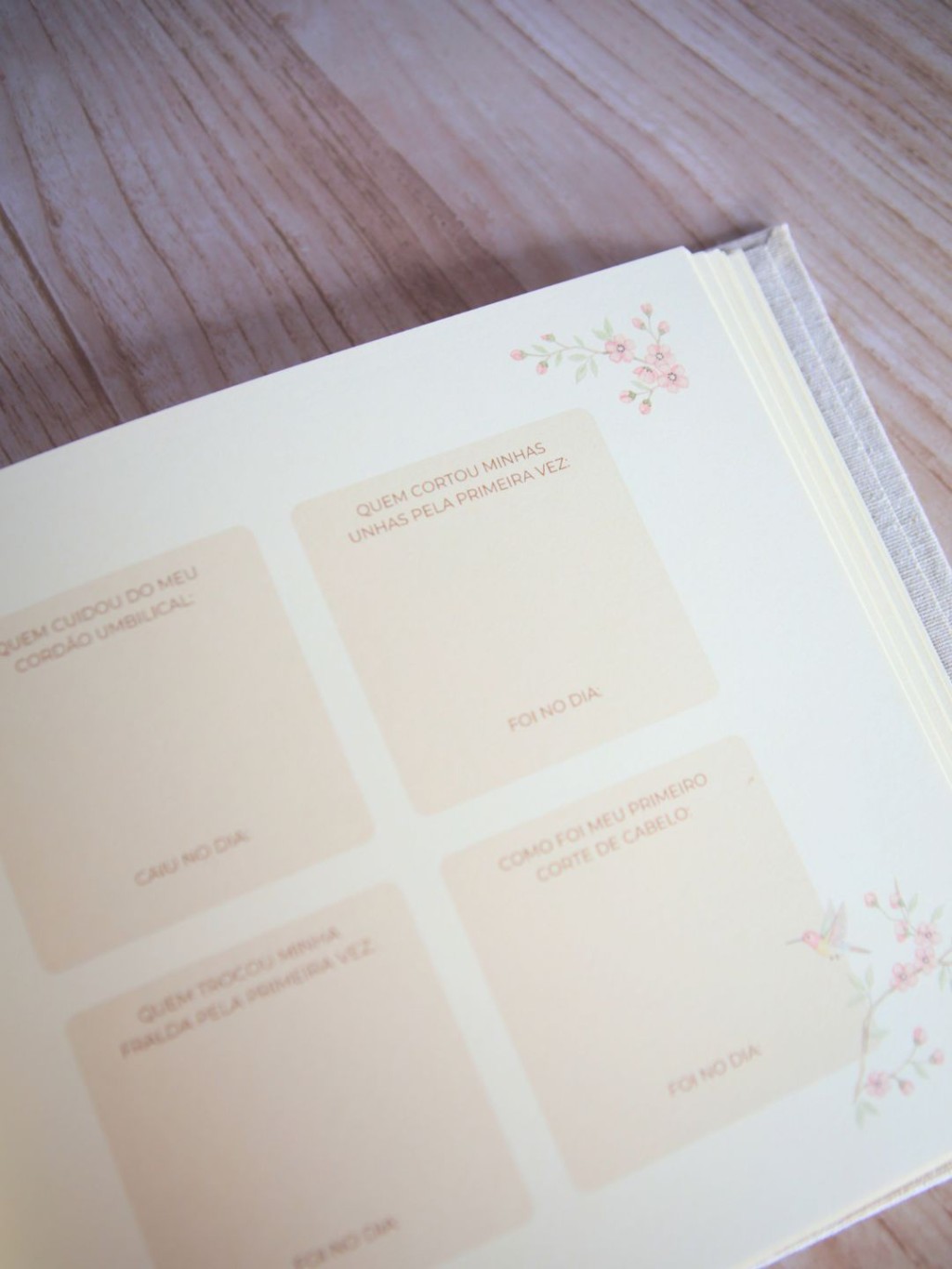 Livro do bebê personalizado artesanal com capa de linho bordado à mão, aberto mostrando páginas coloridas para registrar memórias e primeiros momentos do bebê