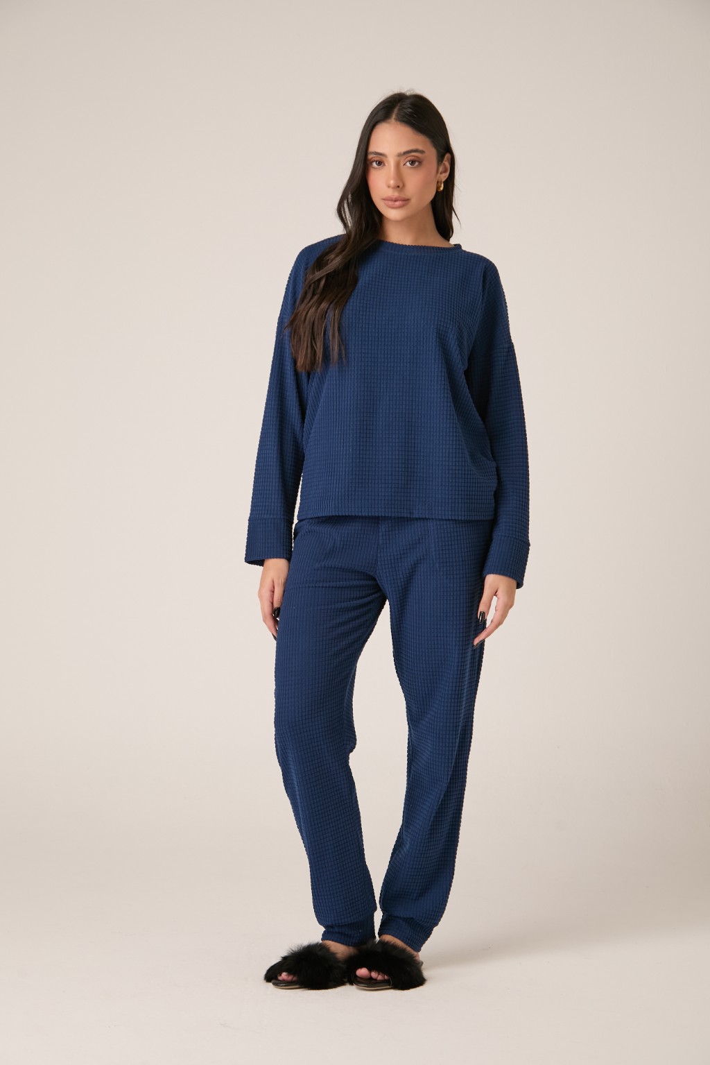 Pijama longo manga longa com punho azul marinho Soft Grid &ndash; Mist Intimates