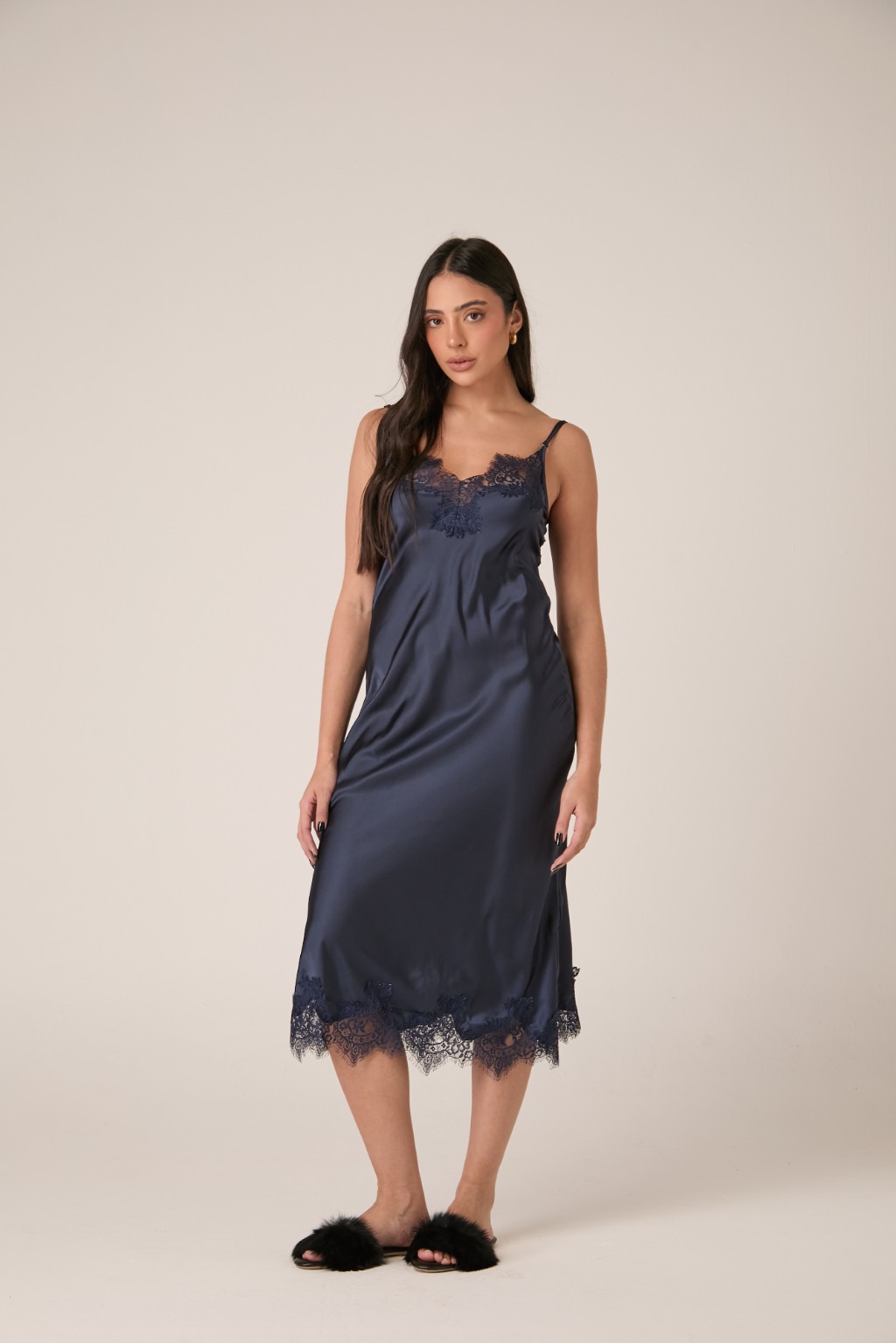 camisola midi alça cetim azul marinho Marine Mist