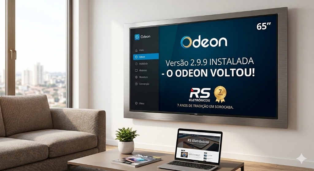 Fotografia ampla de uma sala de estar moderna em Sorocaba. Em destaque, uma Smart TV de 65 polegadas exibe a interface do aplicativo Odeon 2.9.9 instalada, com a mensagem "O ODEON VOLTOU!". No canto inferior da TV, um selo dourado da RS Eletr&ocirc;nicos com a inscri&ccedil;&atilde;o "7 Anos de Tradi&ccedil;&atilde;o". Na mesa de centro, um MacBook aberto exibe a p&aacute;gina do blog da loja com o t&iacute;tulo "A B&iacute;blia do Odeon", e a m&atilde;o de uma pessoa segura um controle remoto do BTV 13 apontado para a tela.