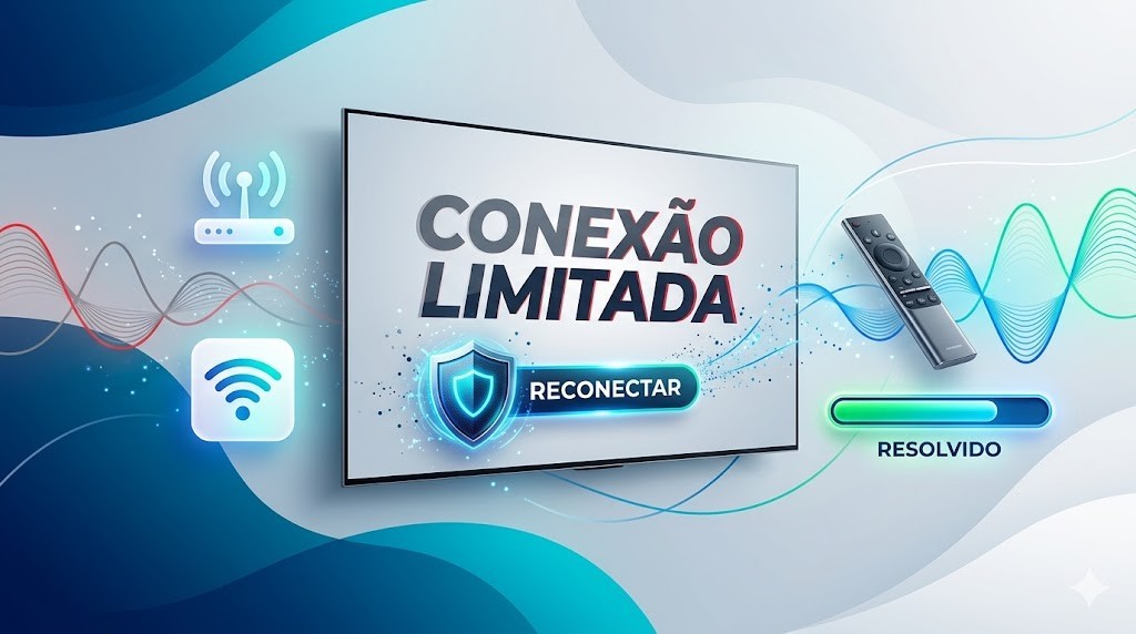 Guia t&eacute;cnico da RS Eletr&ocirc;nicos Brasil para corrigir o erro de conex&atilde;o limitada no BTV, exibindo uma interface de reconex&atilde;o segura e status de problema resolvido.