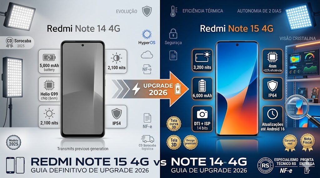 Infogr&aacute;fico comparativo t&eacute;cnico da RS Eletr&ocirc;nicos Brasil para o blog, mostrando as evolu&ccedil;&otilde;es do Redmi Note 15 4G sobre o Note 14 4G, com foco em tela curva 3D, bateria de 6.000 mAh e chip de 4nm.