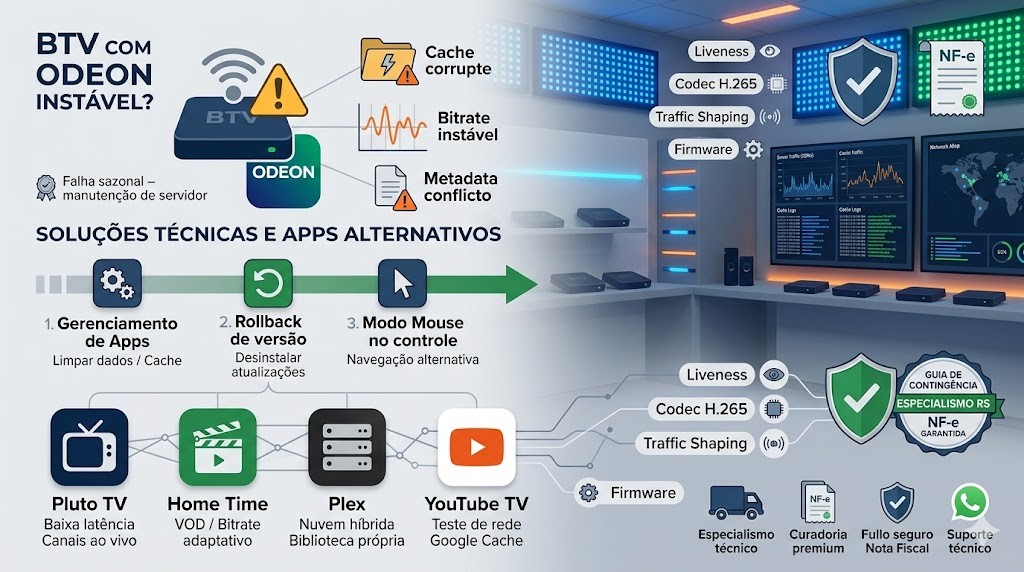 Infográfico de suporte técnico da RS Eletrônicos Brasil com guia de contingência para BTV com Odeon instável, mostrando diagnóstico de cache corrompido, passos de limpeza e rollback, e alternativas como Pluto TV, Home Time, Plex e YouTube TV.