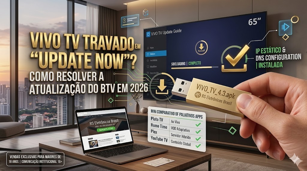 Guia de suporte t&eacute;cnico da RS Eletr&ocirc;nicos Brasil demonstrando a solu&ccedil;&atilde;o de Sideloading para o erro 'Update Now' no Vivo TV, com interface de IP Est&aacute;tico instalada com sucesso.