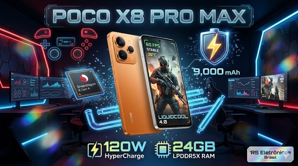 Infográfico técnico da RS Eletrônicos Brasil analisando o Poco X8 Pro Max em 2026, destacando a eficiência térmica LiquidCool 4.0, processador Snapdragon 8 Gen 4 e bateria de 9.000 mAh.