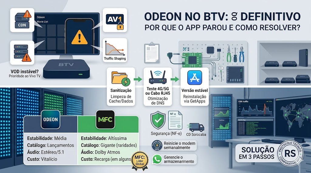 Infogr&aacute;fico t&eacute;cnico da RS Eletr&ocirc;nicos Brasil para o blog, com guia de conting&ecirc;ncia para o app Odeon no BTV inst&aacute;vel, mostrando diagn&oacute;stico de CDN e cache, protocolo de 3 passos de resolu&ccedil;&atilde;o e comparativo t&eacute;cnico com o My Family Cinema (MFC).