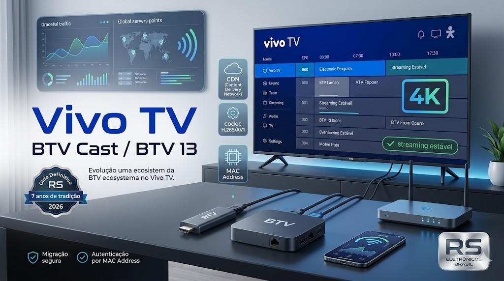 Infogr&aacute;fico t&eacute;cnico da RS Eletr&ocirc;nicos Brasil analisando o processo de migra&ccedil;&atilde;o para o Vivo TV no BTV Cast e BTV 13 em Sorocaba, destacando os selos de 7 anos de tradi&ccedil;&atilde;o, autentica&ccedil;&atilde;o por MAC Address, codec H.265/AV1 e a rede CDN.