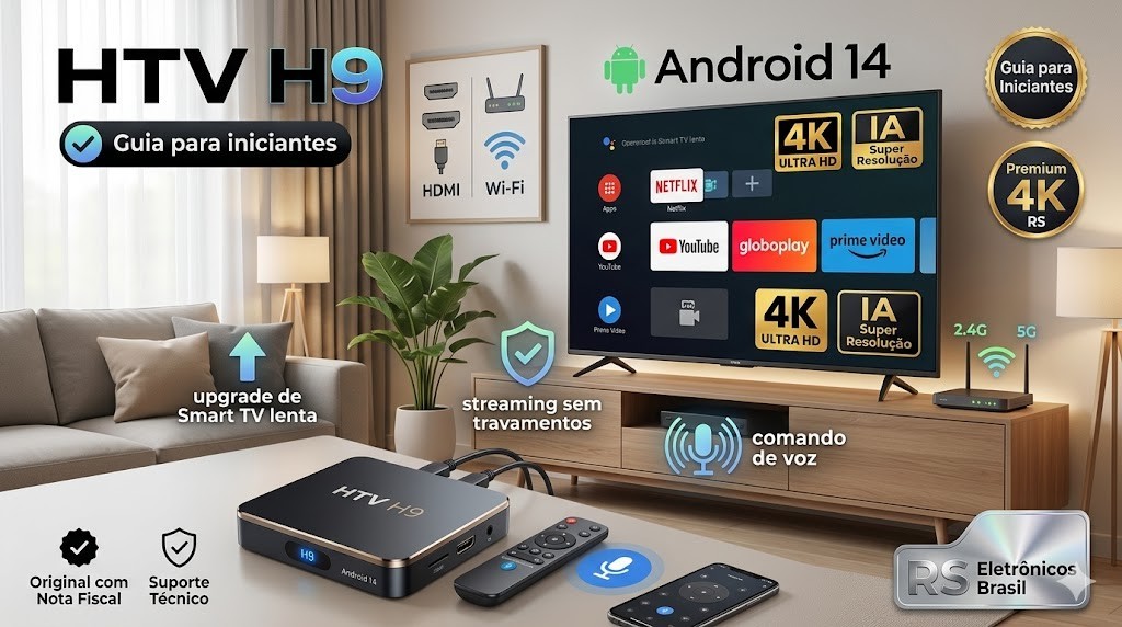 An&aacute;lise t&eacute;cnica da RS Eletr&ocirc;nicos Brasil sobre a TV Box HTV H9, detalhando o processamento com Intelig&ecirc;ncia Artificial, sistema Android 14 e suporte especializado com nota fiscal.