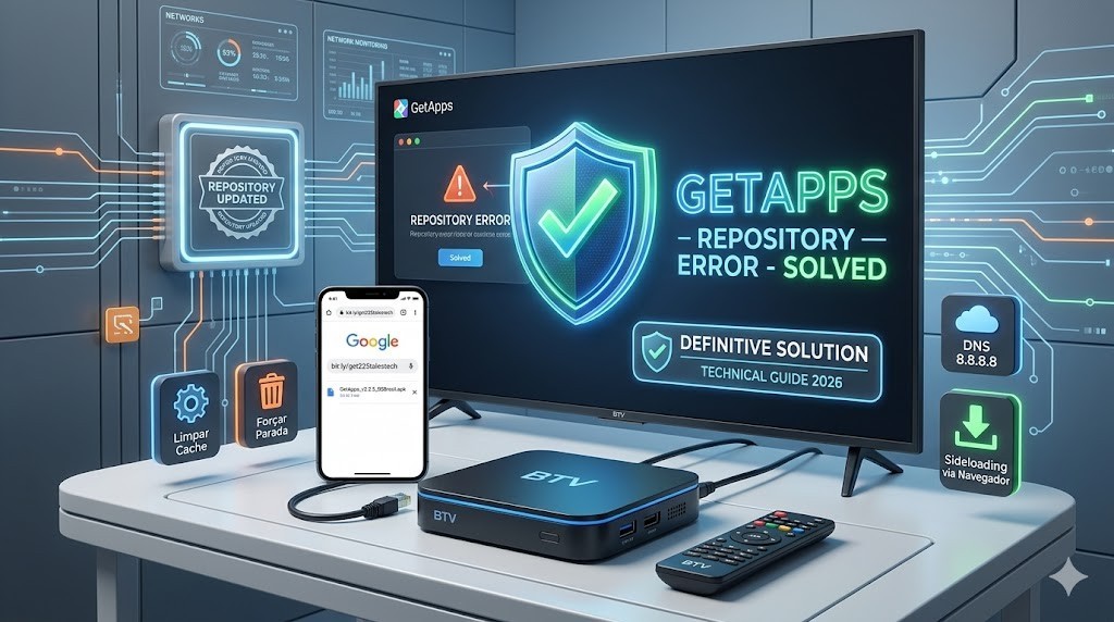 Infogr&aacute;fico t&eacute;cnico da RS Eletr&ocirc;nicos Brasil com guia de conting&ecirc;ncia e solu&ccedil;&otilde;es alternativas para BTV com Odeon inst&aacute;vel, destacando os apps Pluto TV, Home Time, Plex e YouTube TV, com selos de especialismo t&eacute;cnico e nota fiscal garantida.