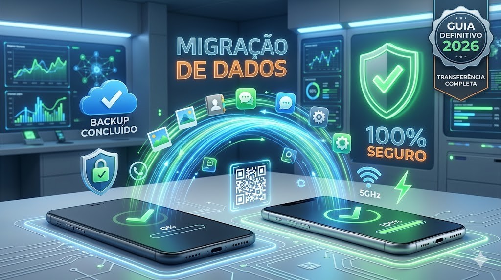 Infogr&aacute;fico t&eacute;cnico da RS Eletr&ocirc;nicos Brasil com guia definitivo para transfer&ecirc;ncia e migra&ccedil;&atilde;o segura de dados entre celulares em 2026, com destaque para backup em nuvem, Wi-Fi 5GHz e processo 100% seguro.