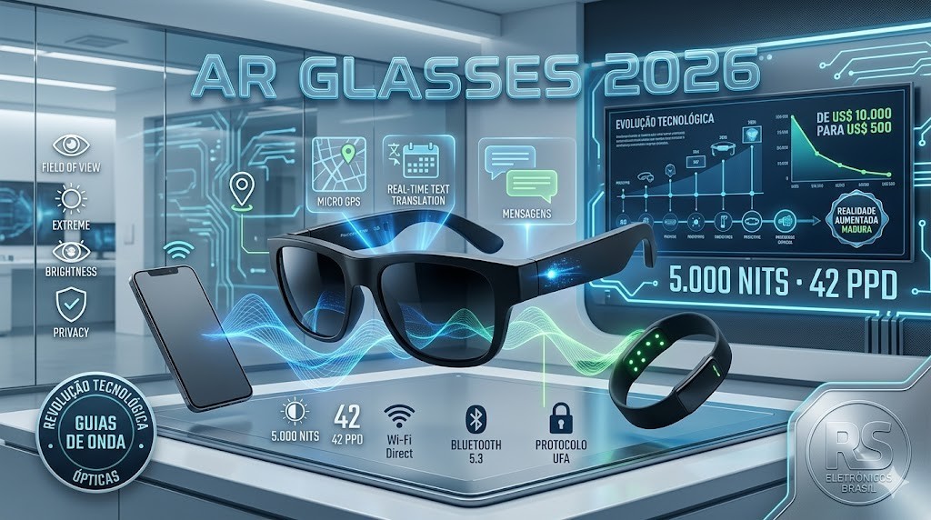 Infogr&aacute;fico t&eacute;cnico da RS Eletr&ocirc;nicos Brasil sobre &Oacute;culos Inteligentes (AR Glasses) em 2026, destacando brilho de 5.000 Nits, 42 PPD, Protocolo UFA de privacidade e interface de guias de onda &oacute;pticas.