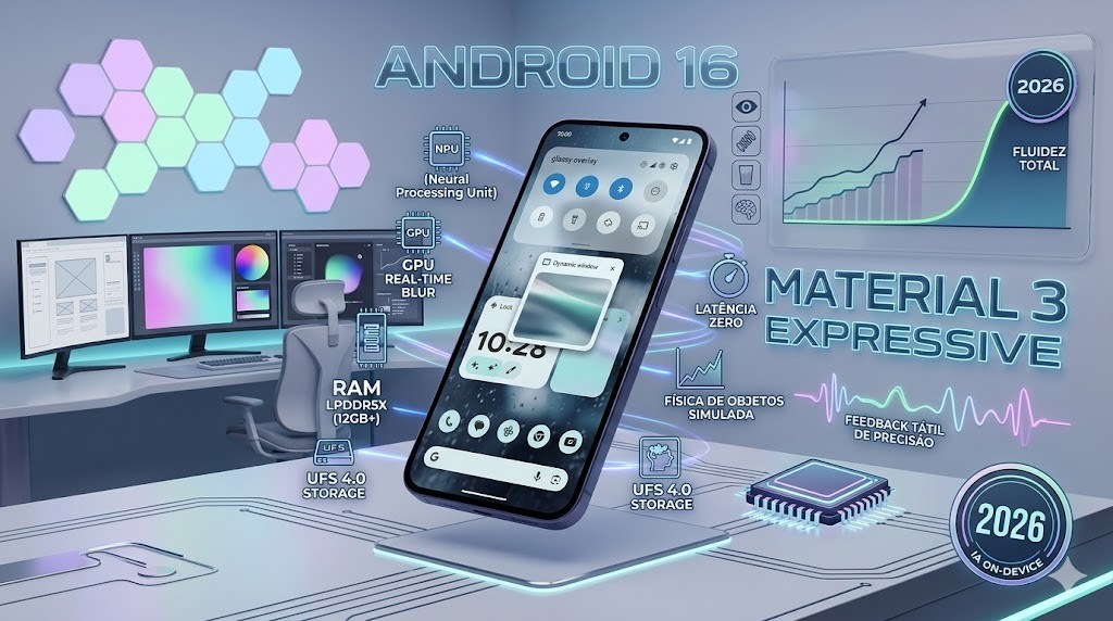 Infogr&aacute;fico t&eacute;cnico da RS Eletr&ocirc;nicos Brasil sobre as novidades do Android 16, Material 3 Expressive e IA ON-DEVICE em 2026, com destaque para GPU, NPU, RAM LPDDR5X e armazenamento UFS 4.0.