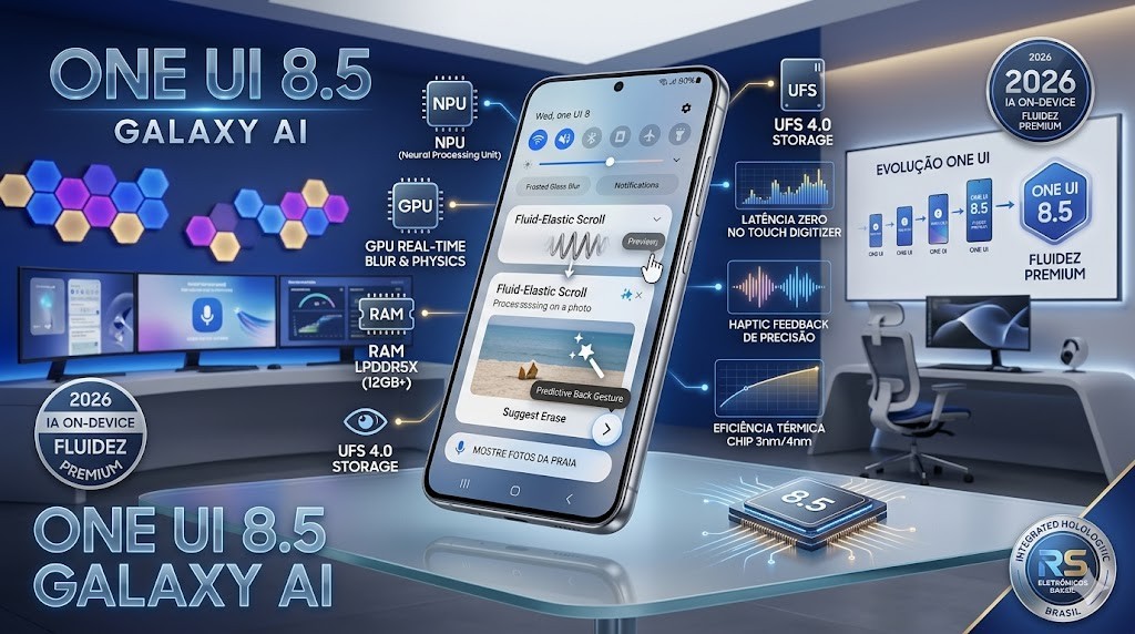 Infogr&aacute;fico t&eacute;cnico da RS Eletr&ocirc;nicos Brasil detalhando as novidades do Samsung One UI 8.5, incluindo IA generativa local, NPU de alta performance e sistema de anima&ccedil;&otilde;es t&aacute;teis fluidas.