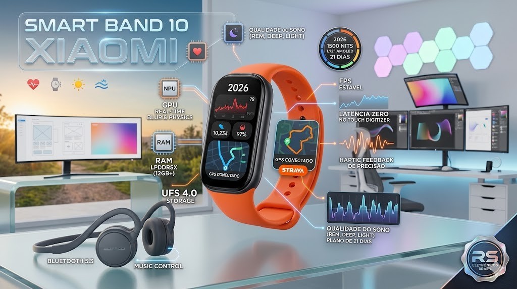 Infogr&aacute;fico t&eacute;cnico da RS Eletr&ocirc;nicos Brasil sobre a Xiaomi Smart Band 10 em 2026, destacando NPU, GPU Real-Time Blur, RAM LPDDR5X, armazenamento UFS 4.0, 1.500 Nits, 21 dias de bateria e GPS Strava conectado.