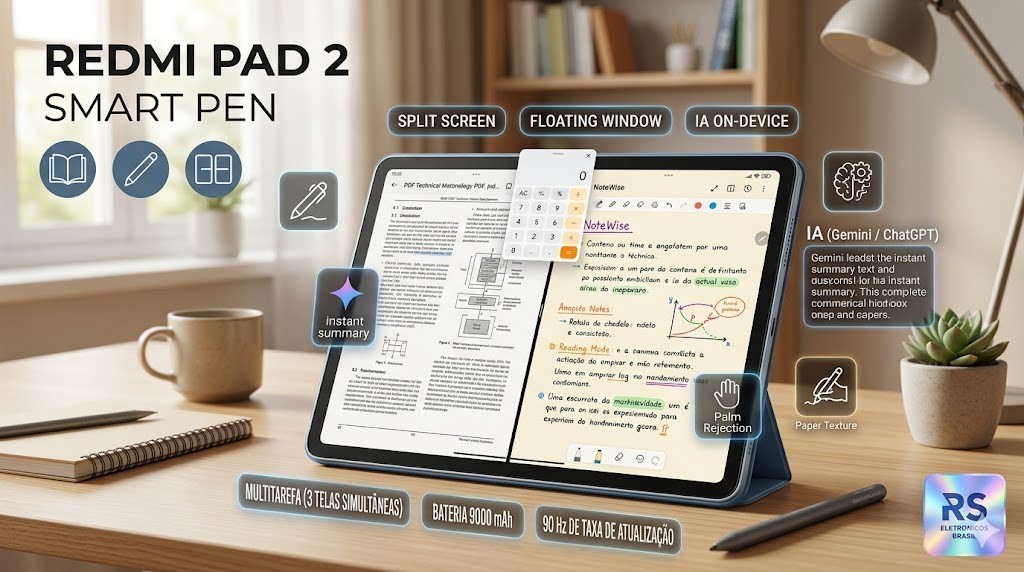 Infogr&aacute;fico t&eacute;cnico da RS Eletr&ocirc;nicos Brasil sobre o Redmi Pad 2 e Smart Pen, destacando tela dividida, Palm Rejection, bateria de 9.000 mAh e o Protocolo UFA de seguran&ccedil;a digital.