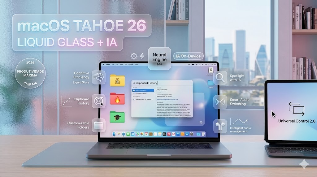 Infogr&aacute;fico t&eacute;cnico do macOS Tahoe 26 exibindo interface Liquid Glass e recursos de IA no Chip M4. Destaques para Clipboard History, Smart Audio Switching e Universal Control 2.0. Conte&uacute;do validado pela curadoria t&eacute;cnica da RS Eletr&ocirc;nicos Brasil.