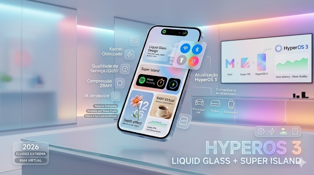 Infogr&aacute;fico t&eacute;cnico do sistema Xiaomi HyperOS 3 em um celular, destacando a interface Liquid Glass, Super Island, Kernel otimizado e recursos de IA on-device. Comparativo de evolu&ccedil;&atilde;o da MIUI para HyperOS 3 focado em fluidez extrema. Curadoria t&eacute;cnica RS Eletr&ocirc;nicos Brasil.