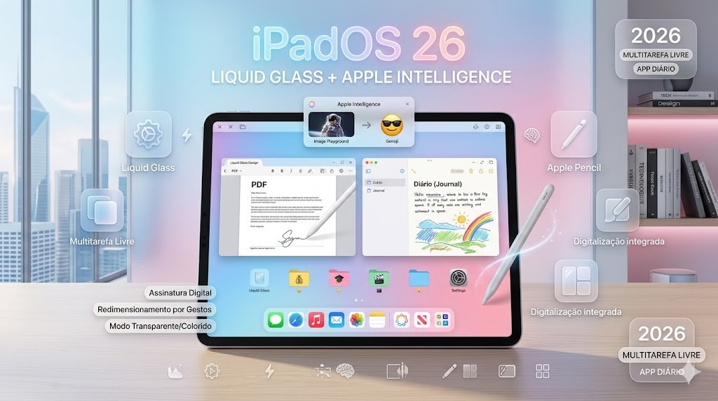 Interface do iPadOS 26 em um iPad demonstrando Apple Intelligence com Image Playground, multitarefa livre com redimensionamento de janelas e o novo app Di&aacute;rio com Apple Pencil. Destaques para assinatura digital e digitaliza&ccedil;&atilde;o integrada. Curadoria t&eacute;cnica RS Eletr&ocirc;nicos Brasil.