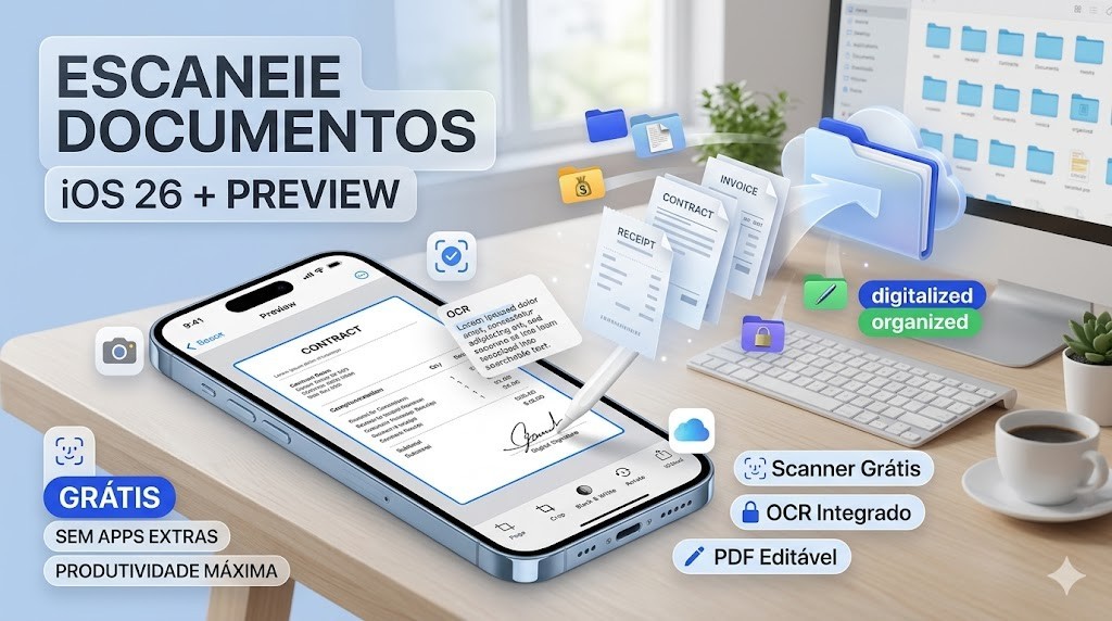 Infogr&aacute;fico mostrando como escanear documentos no iPhone usando o app Preview do iOS 26. Destaques para OCR integrado, PDF edit&aacute;vel, assinatura digital e organiza&ccedil;&atilde;o autom&aacute;tica em pastas. Curadoria t&eacute;cnica RS Eletr&ocirc;nicos Brasil demonstrando produtividade m&aacute;xima sem apps extras.