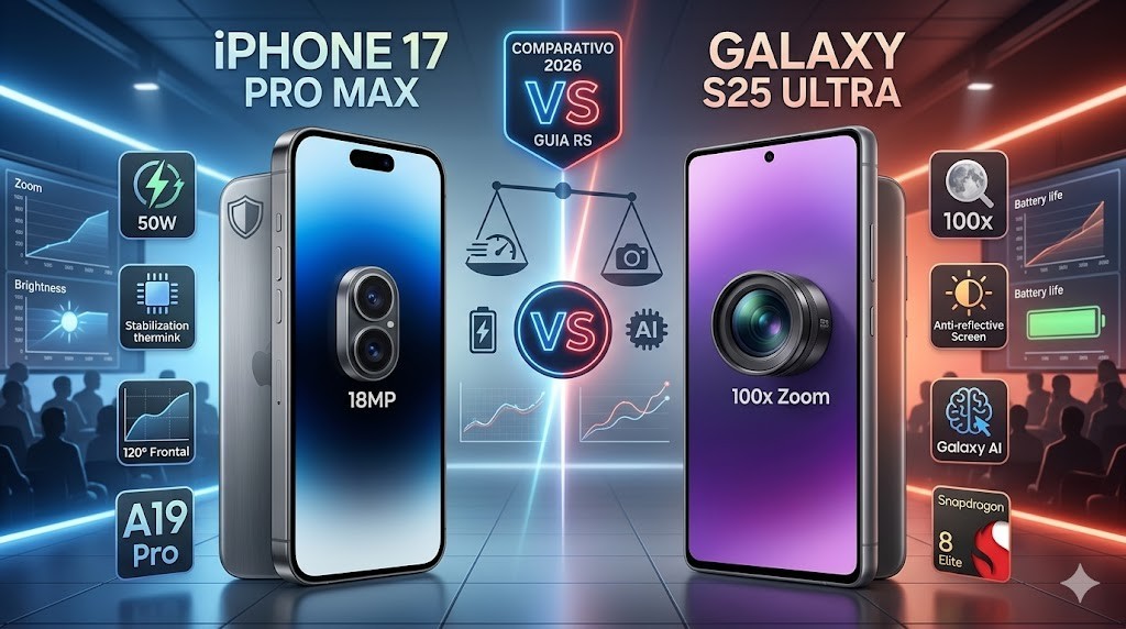 Infogr&aacute;fico comparativo entre iPhone 17 Pro Max e Galaxy S25 Ultra. Destaques do iPhone: Chip A19 Pro, c&acirc;mera frontal de 18MP e carregamento 50W. Destaques do Galaxy: Snapdragon 8 Elite, Zoom de 100x, tela antirreflexo e Galaxy AI. Comparativo t&eacute;cnico validado pela curadoria da RS Eletr&ocirc;nicos Brasil.