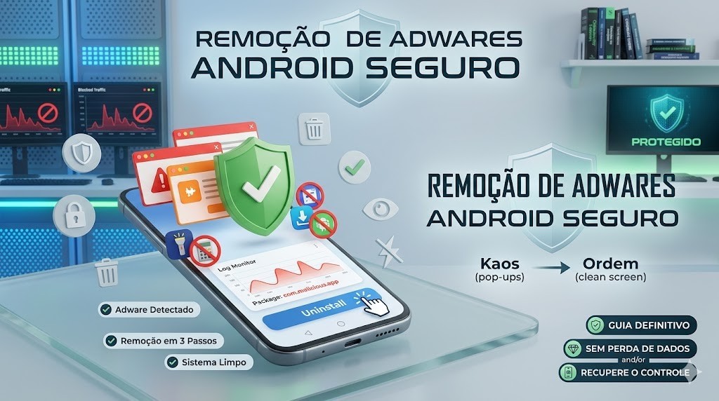 Infogr&aacute;fico mostrando a t&eacute;cnica de remo&ccedil;&atilde;o de adwares e pop-ups intrusivos em um celular Android. Visualiza&ccedil;&atilde;o da transi&ccedil;&atilde;o do caos de an&uacute;ncios para um sistema limpo e seguro, com destaque para desinstala&ccedil;&atilde;o segura e monitoramento de logs. Curadoria t&eacute;cnica RS Eletr&ocirc;nicos Brasil para blindagem de dados sem formata&ccedil;&atilde;o.
