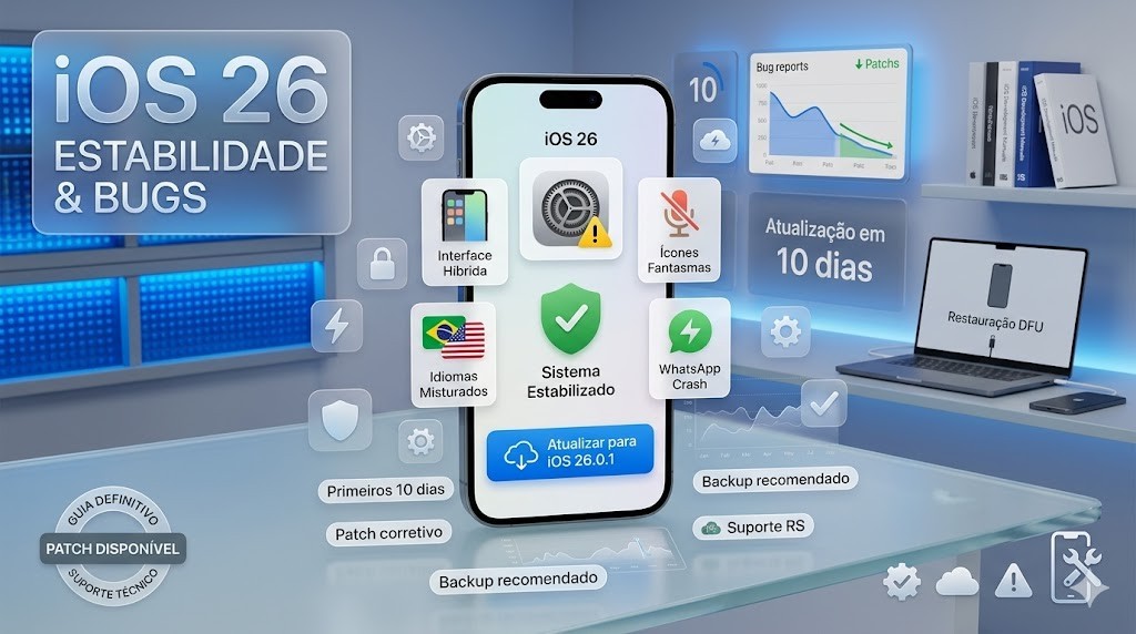 Infogr&aacute;fico t&eacute;cnico detalhando os principais bugs do iOS 26 em um iPhone, incluindo interface h&iacute;brida, idiomas misturados, &iacute;cones fantasmas e crash de apps como WhatsApp. Destaques para solu&ccedil;&otilde;es como restaura&ccedil;&atilde;o DFU e atualiza&ccedil;&atilde;o para patch 26.0.1. Conte&uacute;do validado pelo suporte t&eacute;cnico da RS Eletr&ocirc;nicos Brasil.