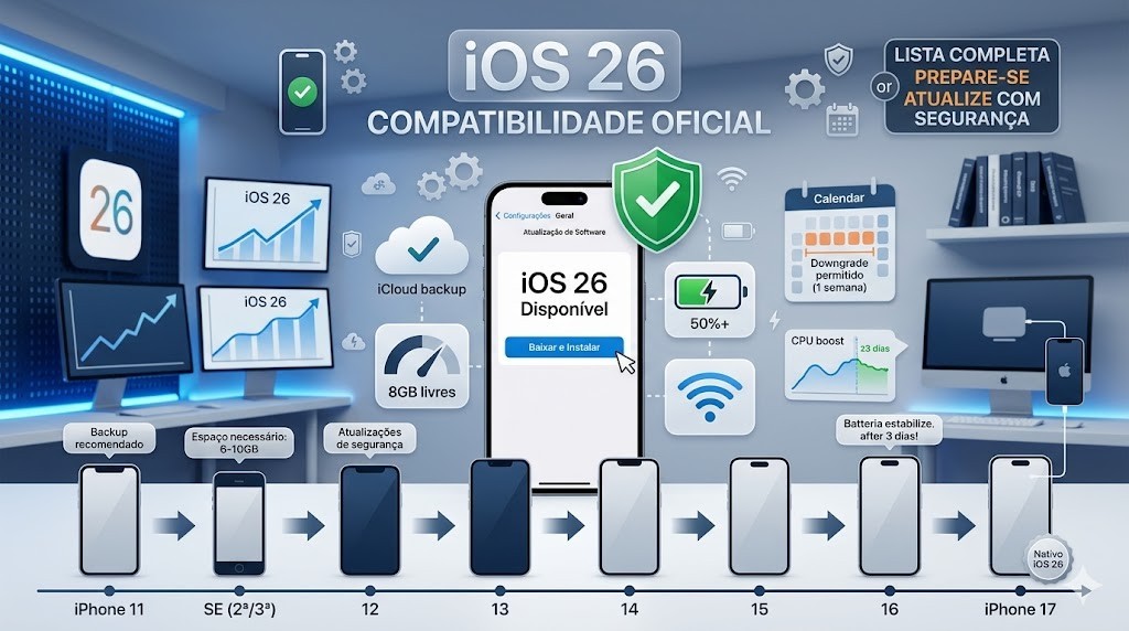 Infogr&aacute;fico com a lista oficial de aparelhos compat&iacute;veis com o iOS 26, abrangendo do iPhone 11 ao iPhone 17 nativo. Checklist de prepara&ccedil;&atilde;o t&eacute;cnica incluindo backup no iCloud, espa&ccedil;o livre de 10GB e bateria acima de 50%. Orienta&ccedil;&otilde;es de seguran&ccedil;a validadas pela curadoria t&eacute;cnica da RS Eletr&ocirc;nicos Brasil.