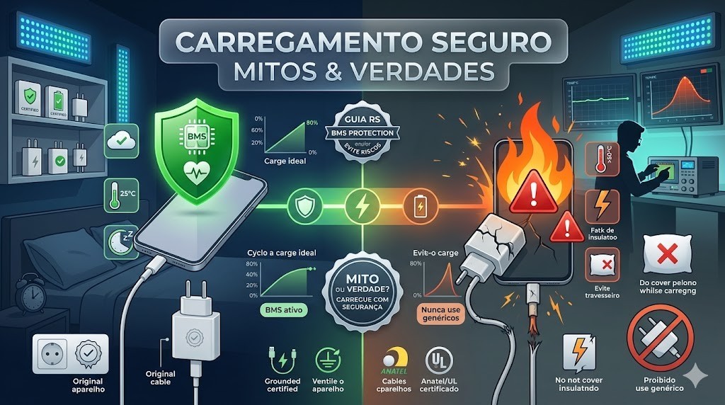 Infogr&aacute;fico t&eacute;cnico detalhando mitos e verdades sobre o carregamento de celular. Lado positivo: uso de BMS, cabos certificados Anatel/UL e carga ideal entre 20% e 80%. Lado de risco: uso de carregadores gen&eacute;ricos, falta de isolamento e perigo de abafamento em travesseiros. Curadoria t&eacute;cnica RS Eletr&ocirc;nicos Brasil para seguran&ccedil;a de hardware.