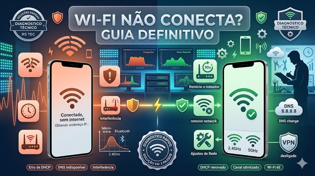 Infogr&aacute;fico t&eacute;cnico com solu&ccedil;&otilde;es para Wi-Fi que n&atilde;o conecta no celular. Mostra o tri&acirc;ngulo de diagn&oacute;stico (Dispositivo, Roteador, Internet), erro de DHCP, troca de DNS para 8.8.8.8 e ajuste de canais 2.4GHz e 5GHz. Protocolo de solu&ccedil;&atilde;o em 3 passos validado pela curadoria t&eacute;cnica da RS Eletr&ocirc;nicos Brasil.