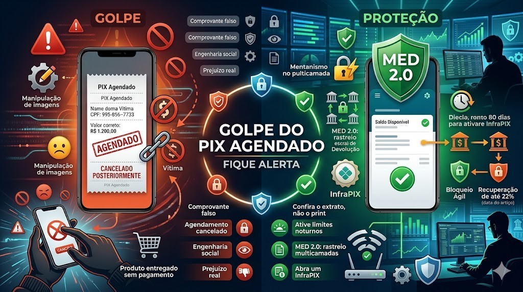 Infogr&aacute;fico educativo sobre o Golpe do PIX Agendado e mecanismos de prote&ccedil;&atilde;o. Lado esquerdo detalha a fraude com comprovantes falsos e cancelamento de agendamento. Lado direito apresenta o Escudo de Prote&ccedil;&atilde;o com MED 2.0, rastreio multicamadas e abertura de InfraPIX. Curadoria t&eacute;cnica RS Eletr&ocirc;nicos Brasil para seguran&ccedil;a financeira.