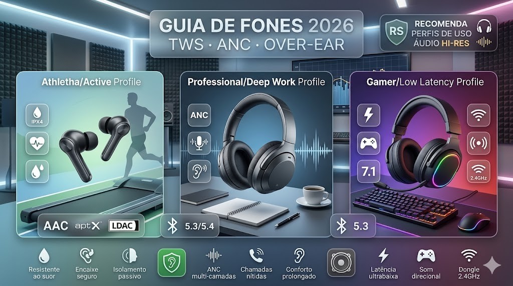 Infográfico técnico com guia de fones de ouvido para 2026, apresentando três perfis: Athleta (TWS resistente ao suor IPX4), Professional (Over-ear com ANC e áudio Hi-Res) e Gamer (baixa latência com som direcional 7.1). Destaques para codecs AAC, aptX e LDAC. Curadoria técnica RS Eletrônicos Brasil.