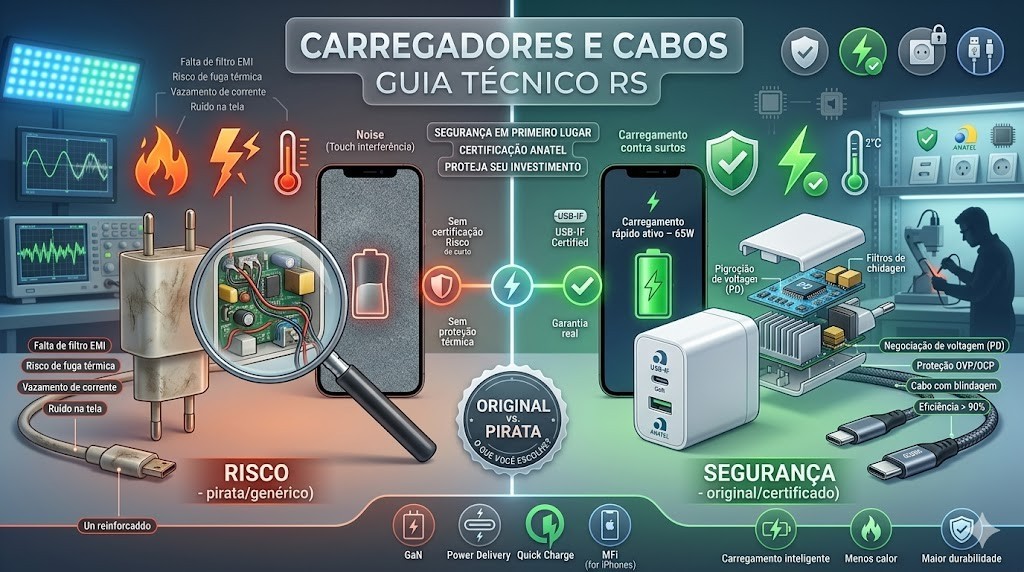 Infogr&aacute;fico t&eacute;cnico comparativo entre carregadores originais/certificados e piratas/gen&eacute;ricos. Lado de risco: falta de filtro EMI, risco de fuga t&eacute;rmica e ru&iacute;do na tela. Lado de seguran&ccedil;a: tecnologia GaN, negocia&ccedil;&atilde;o de voltagem Power Delivery (PD), certifica&ccedil;&atilde;o Anatel e prote&ccedil;&atilde;o contra surtos. Curadoria t&eacute;cnica RS Eletr&ocirc;nicos Brasil.