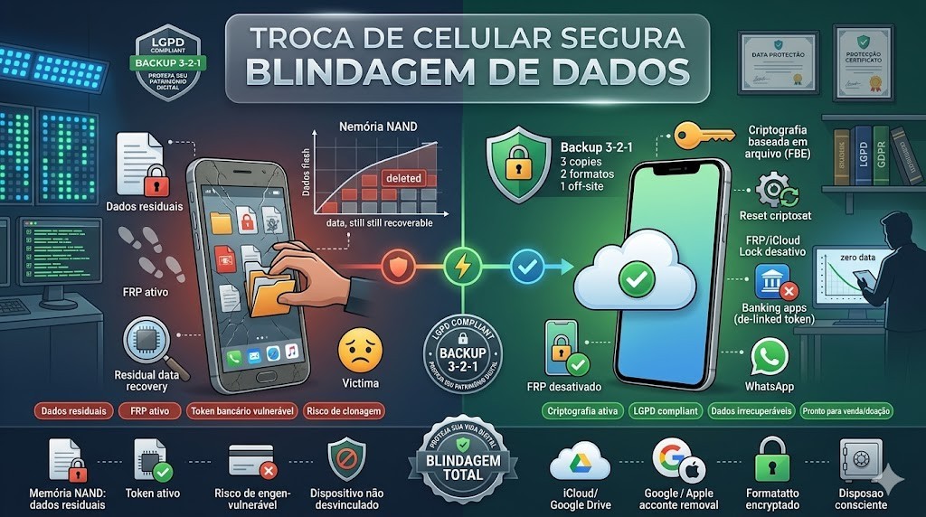 Infogr&aacute;fico t&eacute;cnico sobre a troca segura de celular e blindagem de dados. Lado esquerdo mostra os riscos de dados residuais em mem&oacute;ria NAND e tokens vulner&aacute;veis. Lado direito detalha o protocolo de prote&ccedil;&atilde;o: Backup 3-2-1, criptografia baseada em arquivo (FBE), remo&ccedil;&atilde;o de contas iCloud/Google e desvincula&ccedil;&atilde;o de banking apps. Curadoria t&eacute;cnica RS Eletr&ocirc;nicos Brasil em conformidade com a LGPD.