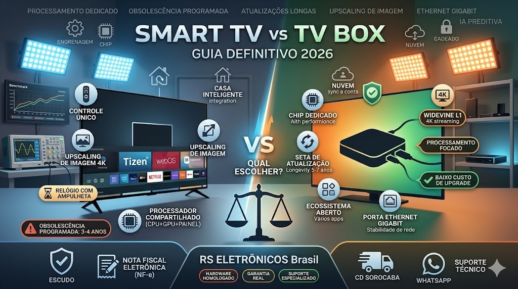 Infogr&aacute;fico comparativo t&eacute;cnico entre Smart TV e TV Box para 2026, validado pelo especialismo da RS Eletr&ocirc;nicos Brasil. Lado Smart TV (azul) destaca o processador compartilhado, upscaling 4K e alerta de obsolesc&ecirc;ncia programada de 3-4 anos. Lado TV Box (laranja) destaca o processador dedicado, Widevine L1, Ethernet Gigabit e atualiza&ccedil;&otilde;es longas de 5-7 anos. Base da imagem apresenta selos de Hardware Homologado, Nota Fiscal Eletr&ocirc;nica (NF-e) e Suporte T&eacute;cnico via WhatsApp.