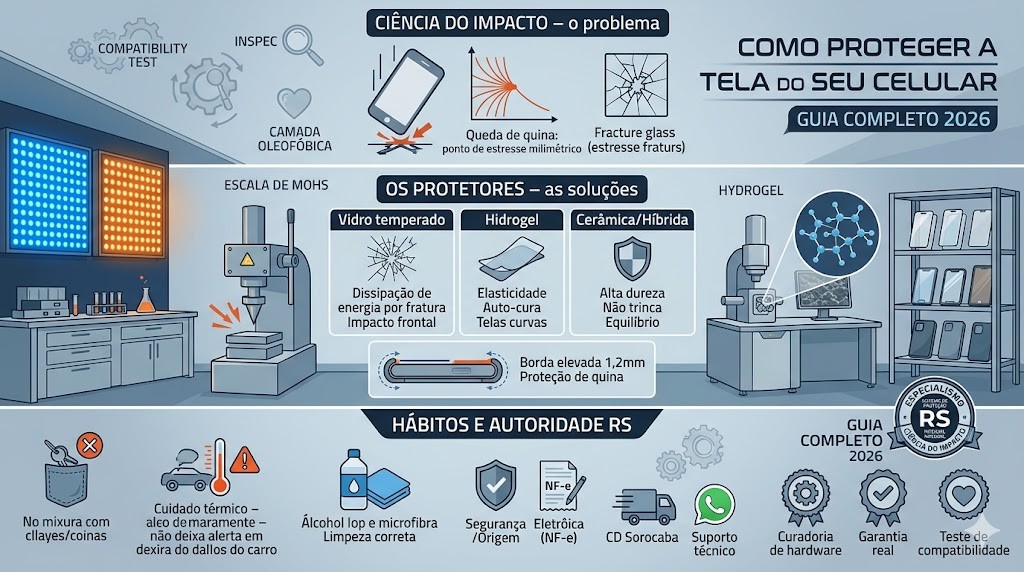 Infogr&aacute;fico t&eacute;cnico sobre prote&ccedil;&atilde;o de tela de celular, validado pela curadoria da RS Eletr&ocirc;nicos Brasil. Parte superior detalha a ci&ecirc;ncia do impacto com foco no ponto de estresse da quina. Parte central apresenta o Sistema de Prote&ccedil;&atilde;o Integral com tr&ecirc;s tipos de pel&iacute;cula: Vidro Temperado (dissipa&ccedil;&atilde;o por fratura), Hidrogel (nanotecnologia auto-cura) e Cer&acirc;mica (alta dureza). Destaque para capa com borda elevada e air cushion. Parte inferior foca em h&aacute;bitos de especialista: isolamento de bolso, cuidado t&eacute;rmico e higieniza&ccedil;&atilde;o correta. Inclui selos de Hardware Homologado, Nota Fiscal Eletr&ocirc;nica (NF-e) e Suporte T&eacute;cnico via WhatsApp.