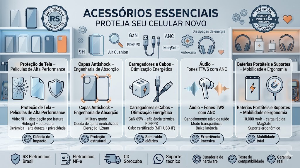 Infogr&aacute;fico t&eacute;cnico organizado em grid com 5 colunas, validado pela curadoria da RS Eletr&ocirc;nicos Brasil, apresentando os acess&oacute;rios essenciais para o celular novo. Da esquerda para a direita: Prote&ccedil;&atilde;o de Tela (Vidro temperado 9H, Hidrogel auto-cura, Cer&acirc;mica); Capas Antishock (Military Grade, Air Cushion, Borda elevada); Carregadores e Cabos GaN 65W, PD/PPS, Certificados (MFi, USB-IF); Fones TWS com ANC e modo transpar&ecirc;ncia; Power Banks e Suportes (10.000 mAh MagSafe). Base da imagem apresenta selos de Hardware Homologado, Nota Fiscal Eletr&ocirc;nica (NF-e) e Suporte T&eacute;cnico via WhatsApp.