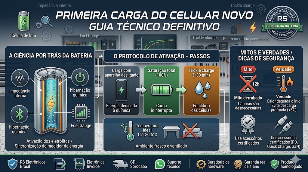 Infogr&aacute;fico t&eacute;cnico organizado em fluxo de trabalho (timeline) detalhando o protocolo de primeira carga do celular novo, validado pela RS Eletr&ocirc;nicos Brasil. Parte superior foca na ci&ecirc;ncia: Ativa&ccedil;&atilde;o dos Eletr&oacute;litos, Imped&acirc;ncia Interna, Hiberna&ccedil;&atilde;o Qu&iacute;mica e Calibra&ccedil;&atilde;o do Software (Fuel Gauge). Parte central apresenta o Protocolo RS: carga com aparelho desligado, satura&ccedil;&atilde;o total (100%), Trickle Charge (+30 min) e gest&atilde;o t&eacute;rmica (15&deg;C a 30&deg;C). Parte inferior detalha mitos (12h desnecess&aacute;rias) e verdades (calor degrada o l&iacute;tio). Inclui selos de Hardware Homologado, Nota Fiscal Eletr&ocirc;nica (NF-e) e Suporte T&eacute;cnico via WhatsApp.