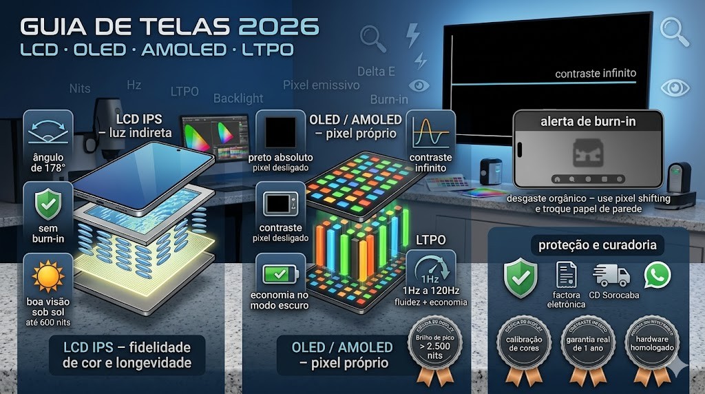 Infogr&aacute;fico t&eacute;cnico comparativo entre tecnologias de tela de smartphone (LCD IPS vs OLED/AMOLED), validado pela curadoria da RS Eletr&ocirc;nicos Brasil para 2026. Lado esquerdo detalha o LCD com luz indireta, &acirc;ngulo de 178&deg; e sem burn-in. Parte central detalha o OLED com pixel pr&oacute;prio, preto absoluto e contraste infinito, com destaque para a tecnologia LTPO de taxa vari&aacute;vel (1Hz a 120Hz). Parte inferior inclui selos de Hardware Homologado, Nota Fiscal Eletr&ocirc;nica (NF-e) e Suporte T&eacute;cnico via WhatsApp.